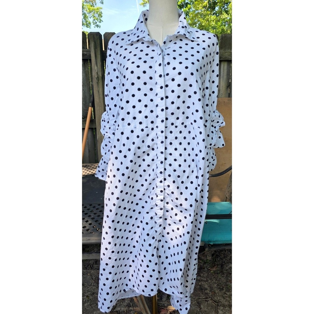 True Destiny Polka Dot Shirt Dress Women XL White Black Excellent Ruffle Sleeve
